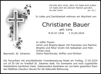 Anzeige von Christiane Bauer von Nordbayerischer Kurier