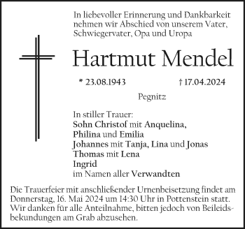 Anzeige von Hartmut Mendel von Nordbayerischer Kurier