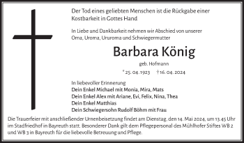 Anzeige von Barbara König von Nordbayerischer Kurier