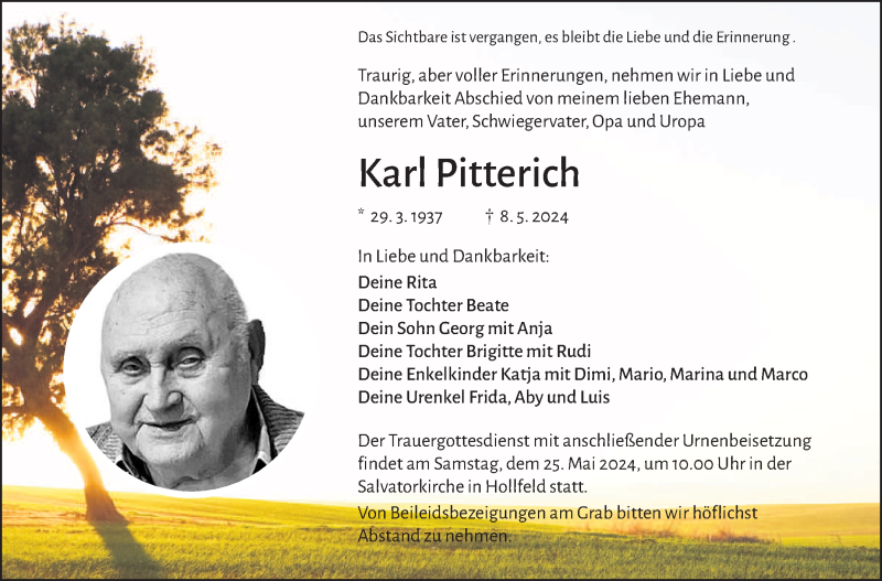 Traueranzeige für Karl Pitterich vom 22.05.2024 aus Nordbayerischer Kurier