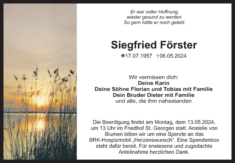  Traueranzeige für Siegfried Förster vom 08.05.2024 aus Nordbayerischer Kurier
