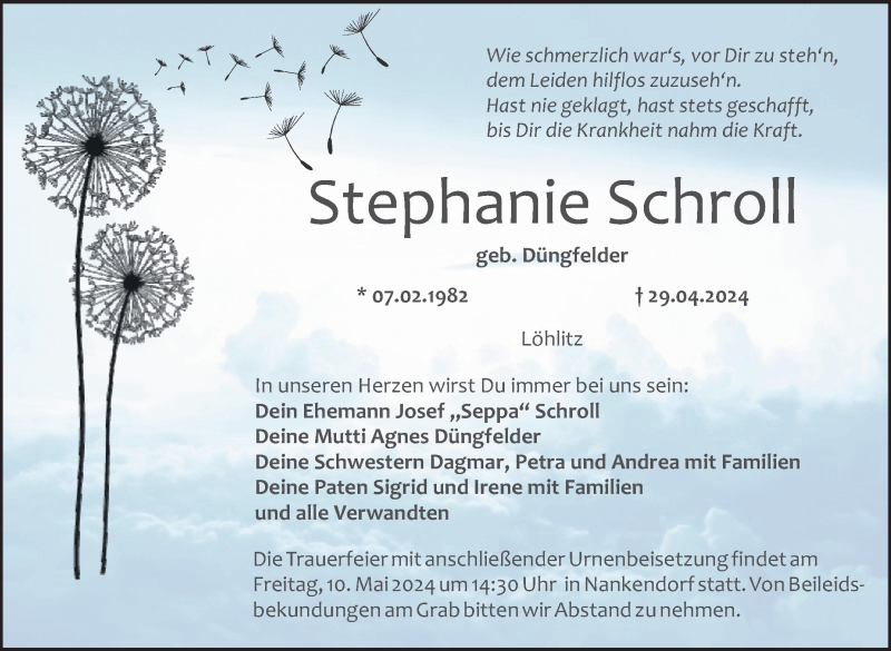  Traueranzeige für Stephanie Schroll vom 07.05.2024 aus Nordbayerischer Kurier