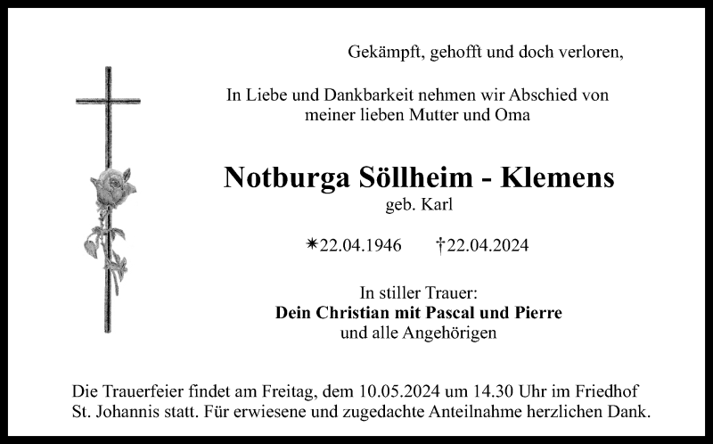  Traueranzeige für Notburga Söllheim vom 04.05.2024 aus Nordbayerischer Kurier