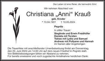 Anzeige von Christiana Krauß von Nordbayerischer Kurier