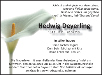 Anzeige von Hedwig Deyerling von Nordbayerischer Kurier
