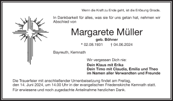 Anzeige von Margarete Müller von Nordbayerischer Kurier