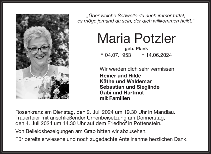  Traueranzeige für Maria Potzler vom 29.06.2024 aus Nordbayerischer Kurier