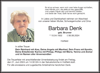 Anzeige von Barbara Denk von Nordbayerischer Kurier