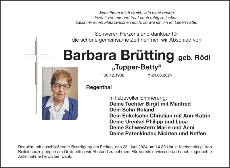  Traueranzeige für Barbara Brütting vom 26.06.2024 aus Nordbayerischer Kurier