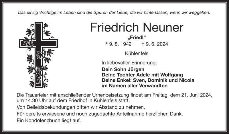  Traueranzeige für Friedrich Neuner vom 15.06.2024 aus Nordbayerischer Kurier