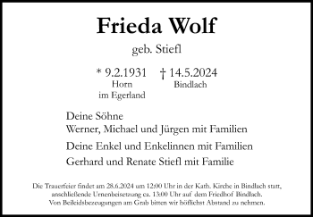 Anzeige von Frieda Wolf von Nordbayerischer Kurier