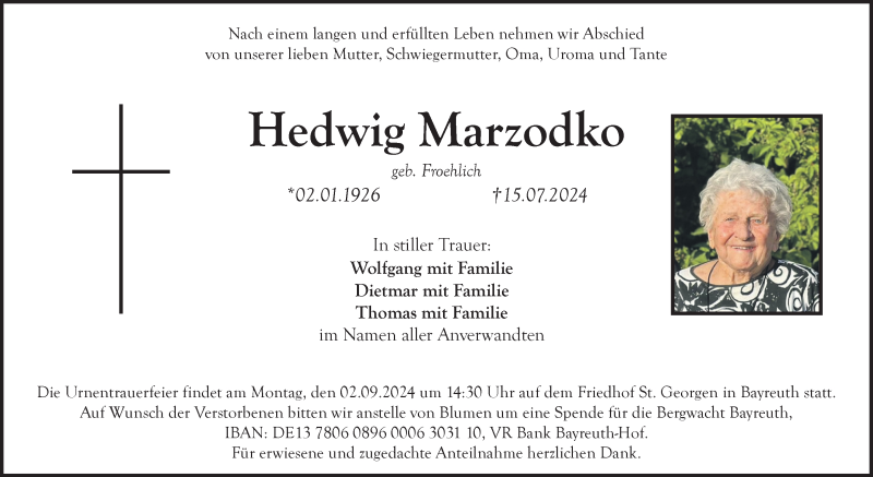  Traueranzeige für Hedwig Marzodko vom 31.07.2024 aus Nordbayerischer Kurier