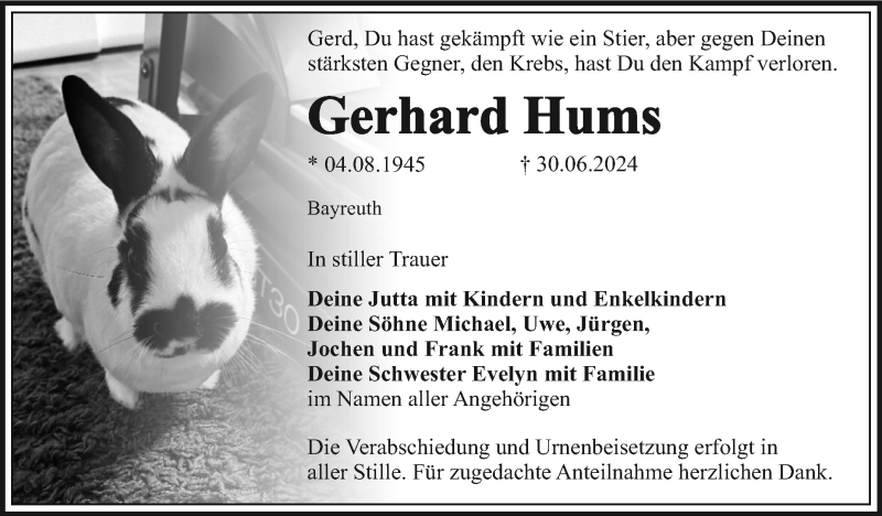  Traueranzeige für Gerhard Hums vom 03.07.2024 aus Nordbayerischer Kurier