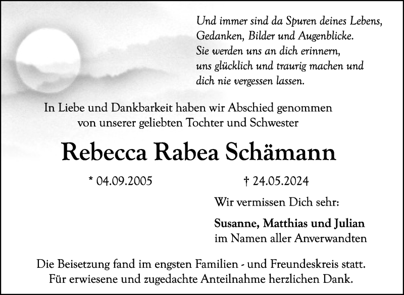  Traueranzeige für Rebecca Rabea Schämann vom 29.07.2024 aus Nordbayerischer Kurier