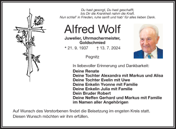 Anzeige von Alfred Wolf von Nordbayerischer Kurier