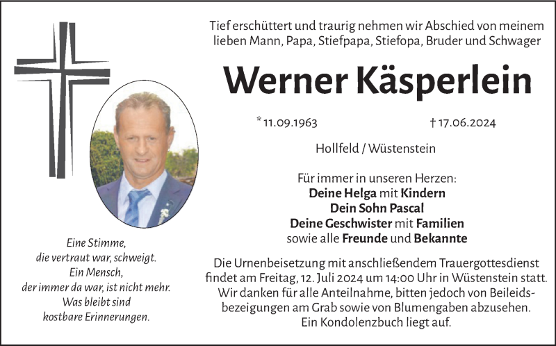  Traueranzeige für Werner Käsperlein vom 06.07.2024 aus Nordbayerischer Kurier