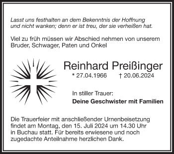 Anzeige von Reinhard Preißinger von Nordbayerischer Kurier