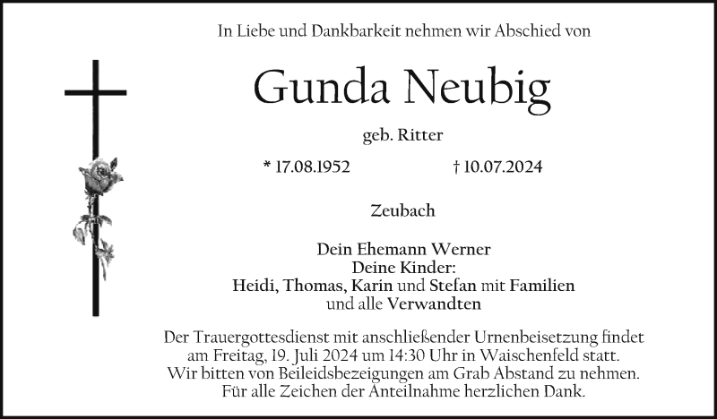  Traueranzeige für Gunda Neubig vom 13.07.2024 aus Nordbayerischer Kurier