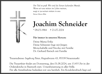Anzeige von Joachim Schneider von Nordbayerischer Kurier
