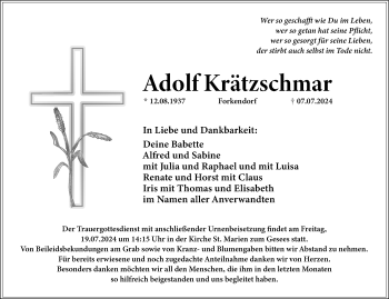 Anzeige von Adolf Krätzschmar von Nordbayerischer Kurier
