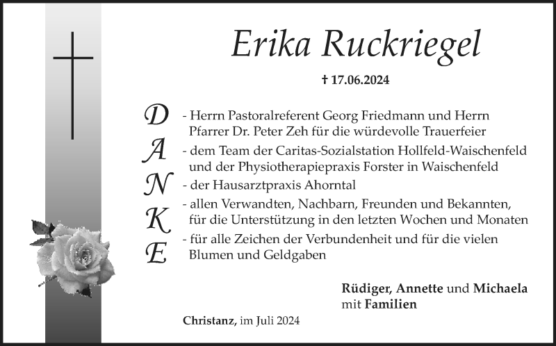  Traueranzeige für Erika Ruckriegel vom 20.07.2024 aus Nordbayerischer Kurier