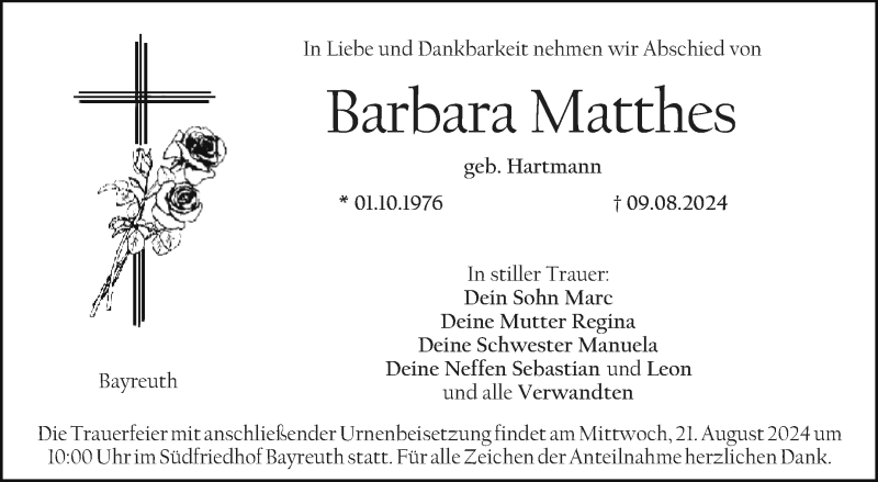  Traueranzeige für Barbara Matthes vom 17.08.2024 aus Nordbayerischer Kurier