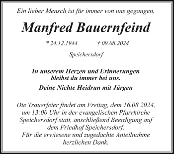 Anzeige von Manfred Bauernfeind von Nordbayerischer Kurier