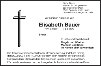 Anzeige von Elisabeth Bauer von Nordbayerischer Kurier