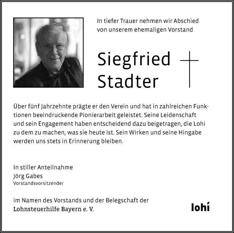  Traueranzeige für Siegfried Stadter vom 07.09.2024 aus Nordbayerischer Kurier