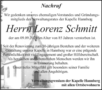 Anzeige von Lorenz Schmitt von Nordbayerischer Kurier