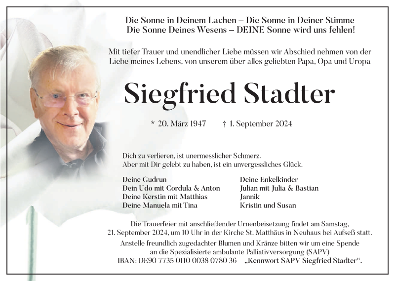  Traueranzeige für Siegfried Stadter vom 07.09.2024 aus Nordbayerischer Kurier