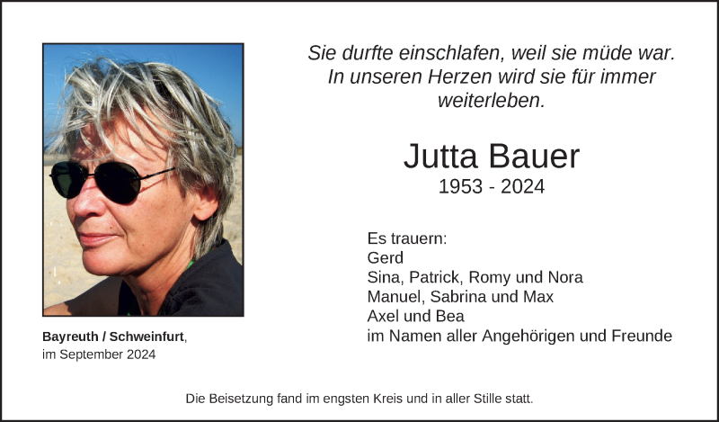  Traueranzeige für Jutta Bauer vom 28.09.2024 aus Nordbayerischer Kurier