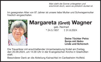 Anzeige von Margareta Wagner von Nordbayerischer Kurier