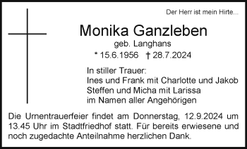 Anzeige von Monika Ganzleben von Nordbayerischer Kurier