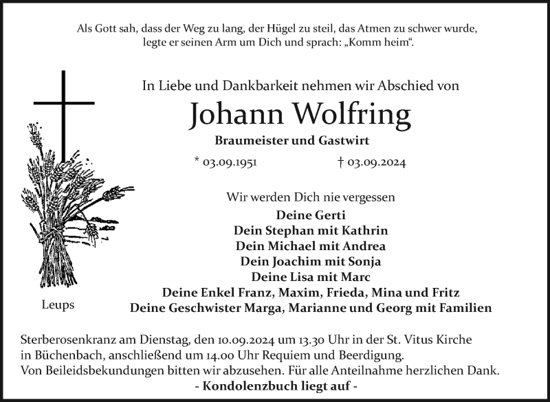  Traueranzeige für Johann Wolfring vom 07.09.2024 aus Nordbayerischer Kurier