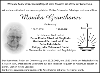 Anzeige von Monika Grünthaner von Nordbayerischer Kurier