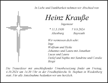 Anzeige von Heinz Krauße von Nordbayerischer Kurier