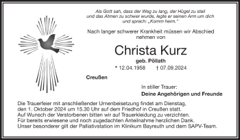 Anzeige von Christa Kurz von Nordbayerischer Kurier