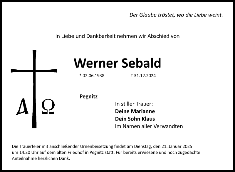  Traueranzeige für Werner Sebald vom 18.01.2025 aus Nordbayerischer Kurier