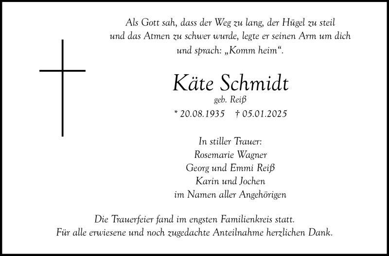  Traueranzeige für Käte Schmidt vom 18.01.2025 aus Nordbayerischer Kurier