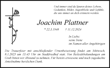 Anzeige von Joachim Plattner von Nordbayerischer Kurier