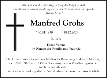 Anzeige von Manfred Grohs von Nordbayerischer Kurier