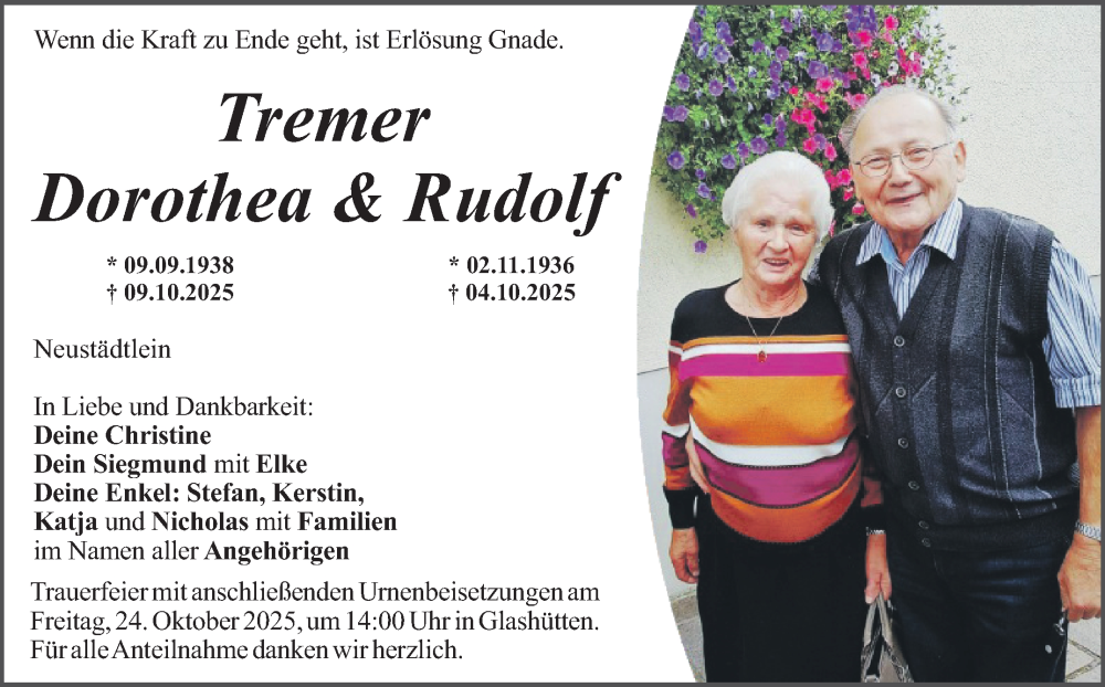  Traueranzeige für Rudolf Tremer vom 18.10.2025 aus Nordbayerischer Kurier
