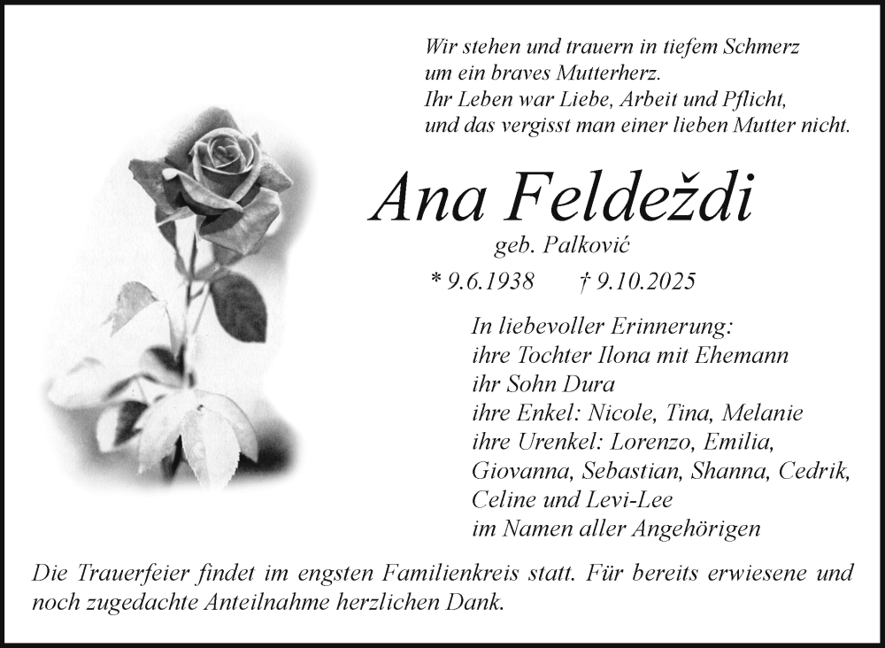  Traueranzeige für Ana Feldezdi vom 29.10.2025 aus Nordbayerischer Kurier