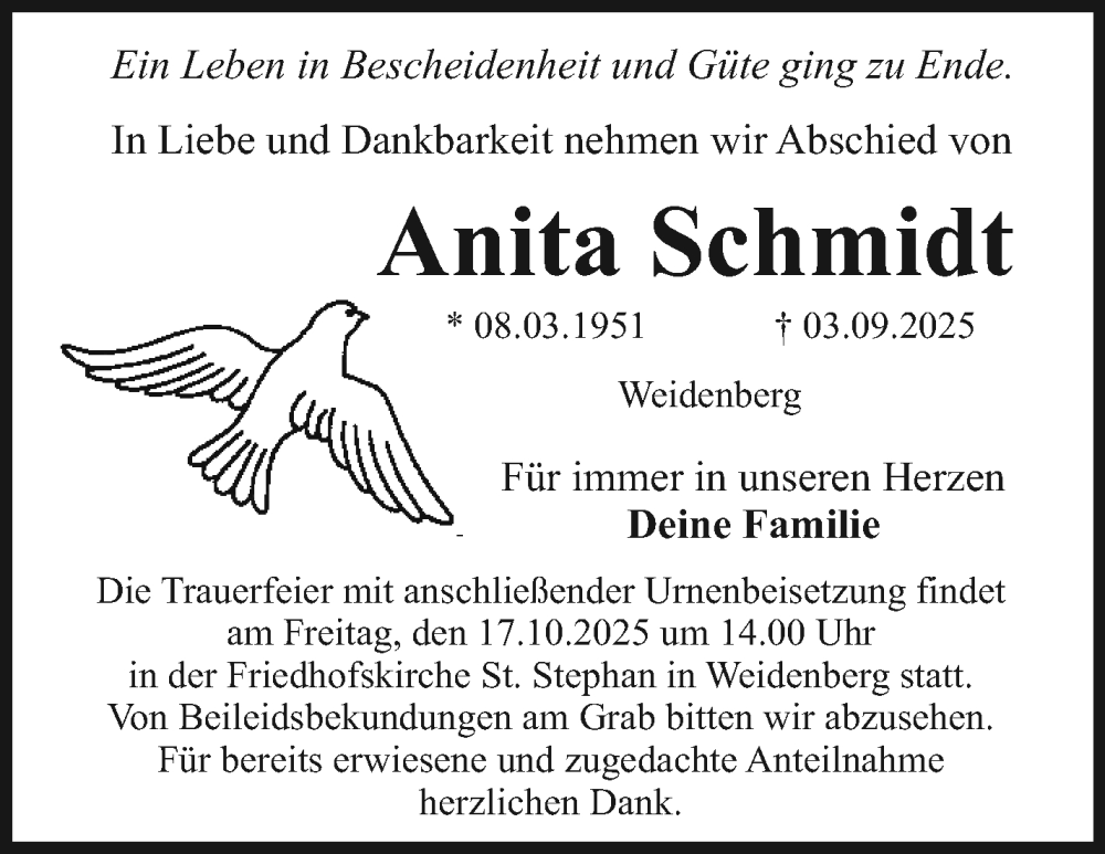  Traueranzeige für Anita Schmidt vom 11.10.2025 aus Nordbayerischer Kurier
