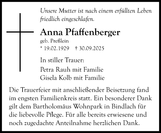 Anzeige von Anna Pfaffenberger von Nordbayerischer Kurier