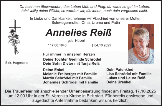 Anzeige von Annelies Reiß von Nordbayerischer Kurier