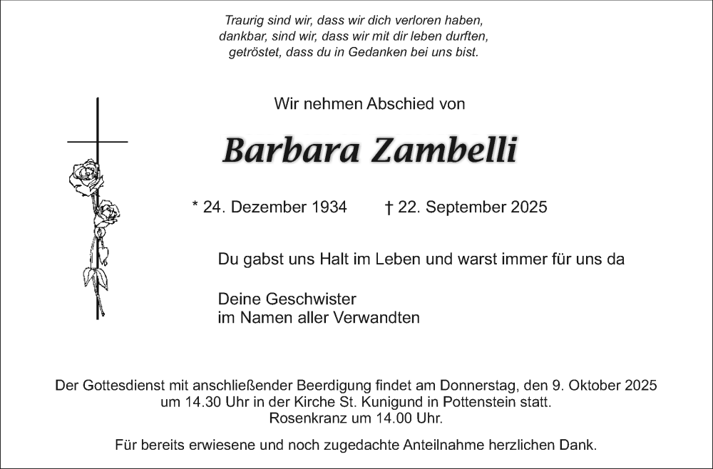  Traueranzeige für Barbara Zambelli vom 04.10.2025 aus Nordbayerischer Kurier