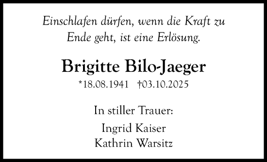 Anzeige von Brigitte Bilo-Jäger von Nordbayerischer Kurier