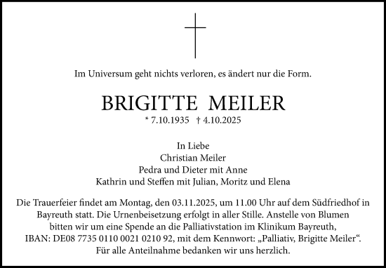 Anzeige von Brigitte Meiler von Nordbayerischer Kurier